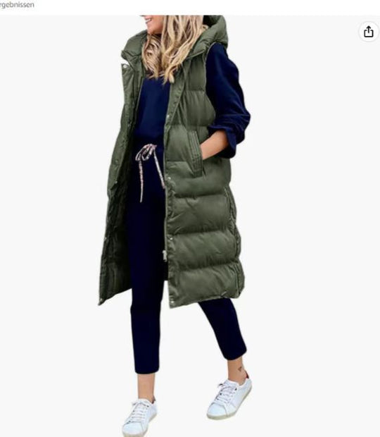 Damen Lange Steppweste mit Kapuze und seitlichen Taschen EB