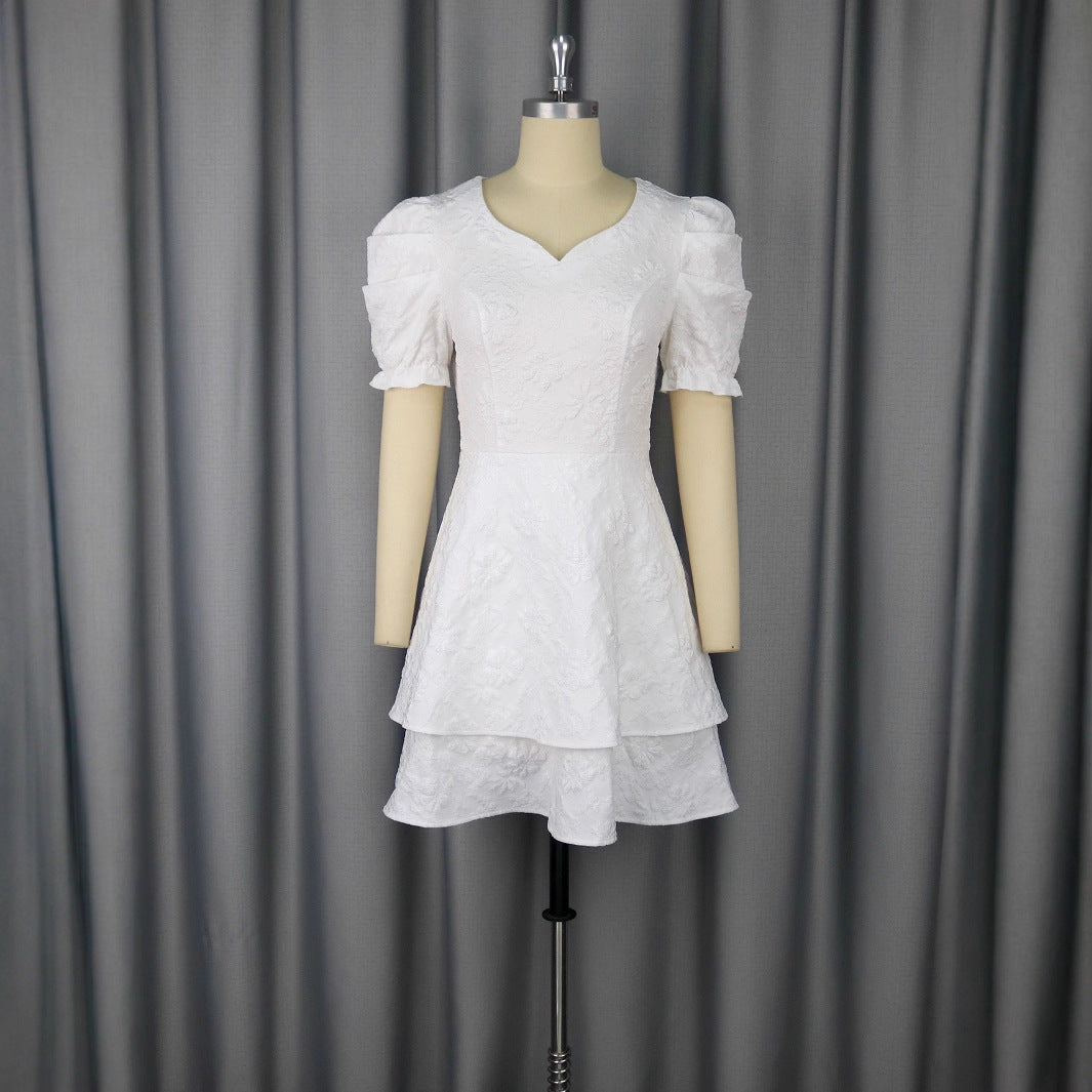 Damen romantisches Kurzarmkleid mit gestuftem Rock EB