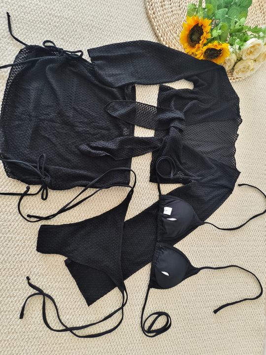 Damen Bikini-Set mit transparentem Wickeloberteil und hoch taillierten Shorts EB