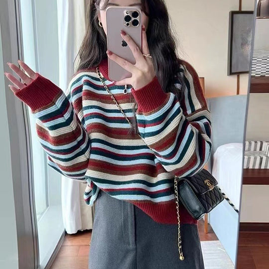Damen gestreifter Pullover mit weitem Schnitt und modischen Details EB