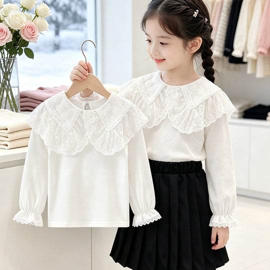 Mädchen Bluse mit elegantem Spitzenkragen und Rüschendetails EB