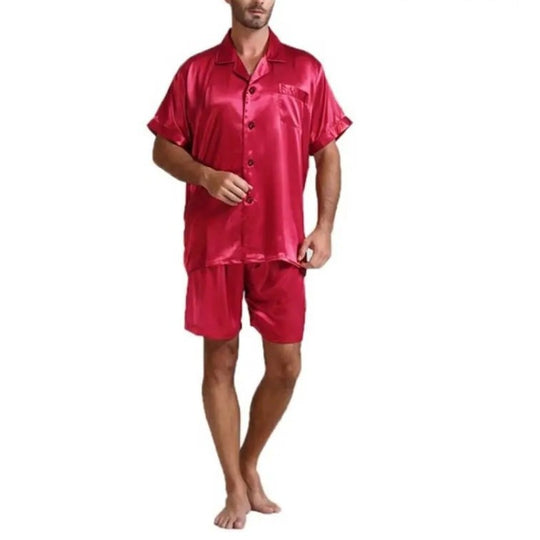 Unisex nan seidig-glänzendes Kurzarm-Pyjama-Set mit Hemdkragen und elastischem Bund EB