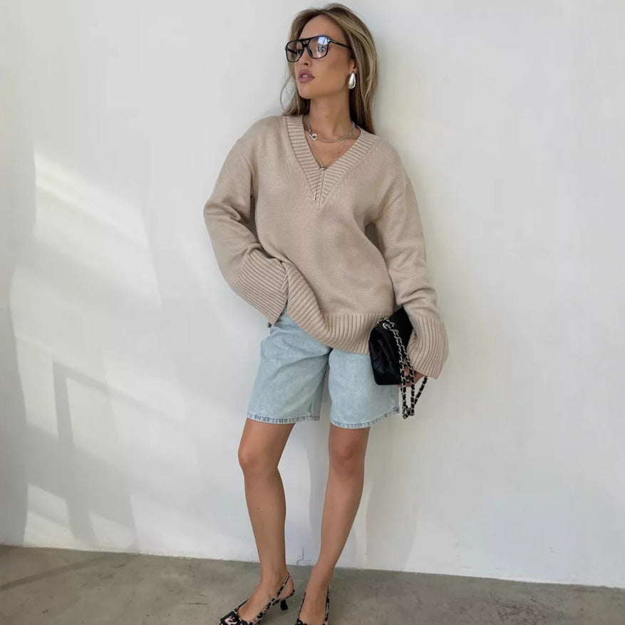 Damen nan oversized Feinstrickpullover mit tiefem V-Ausschnitt, gerippten Bündchen und lockerer Silhouette EB