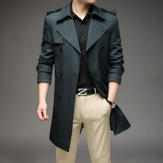 Herren Moderner Slim-Fit Trenchcoat mit Epauletten und doppelreihiger Knopfleiste EB