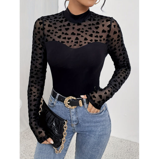 Damen Langarm-Body mit transparenten Herzen und elegantem Stehkragen EB