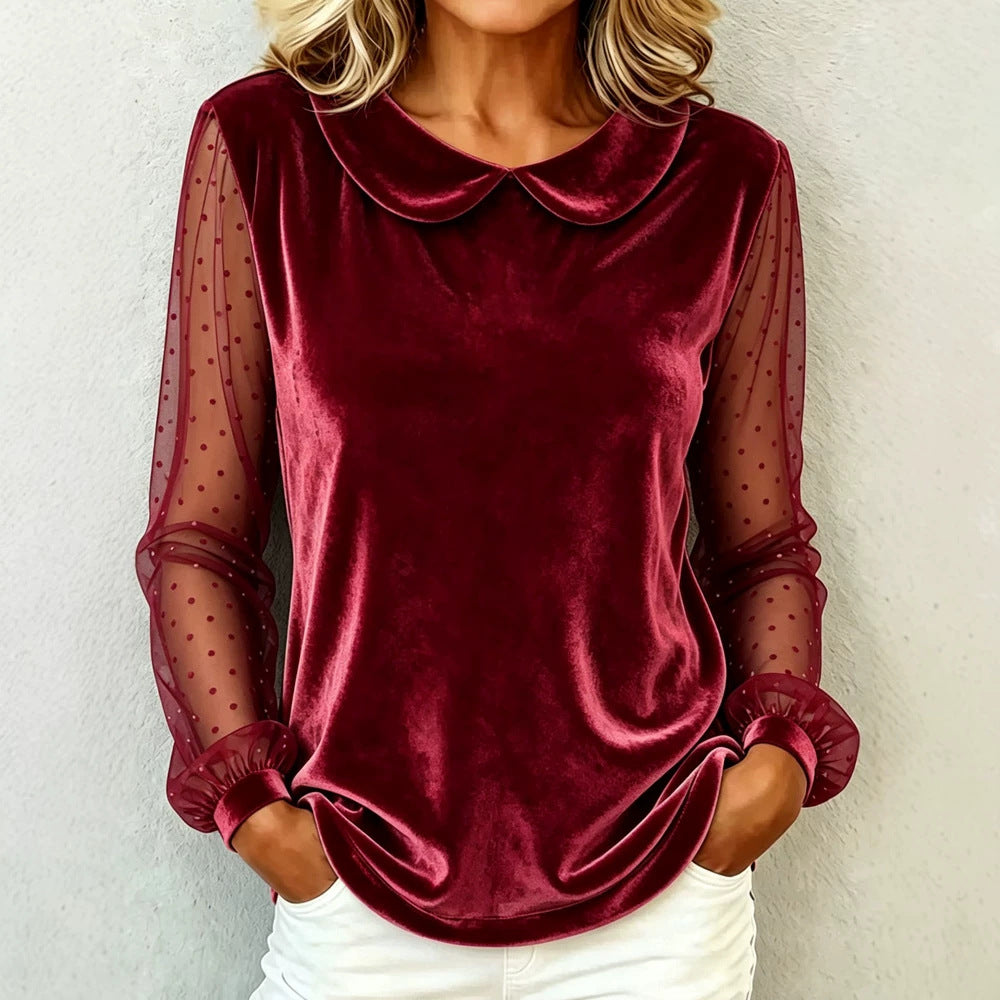 Damen Kuschelige Samtbluse mit Peter-Pan-Kragen und gepunkteten Mesh-Ärmeln EB