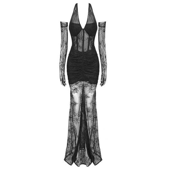 Damen elegantes Spitzenkleid mit langem Ärmel und raffinierten Falten EB