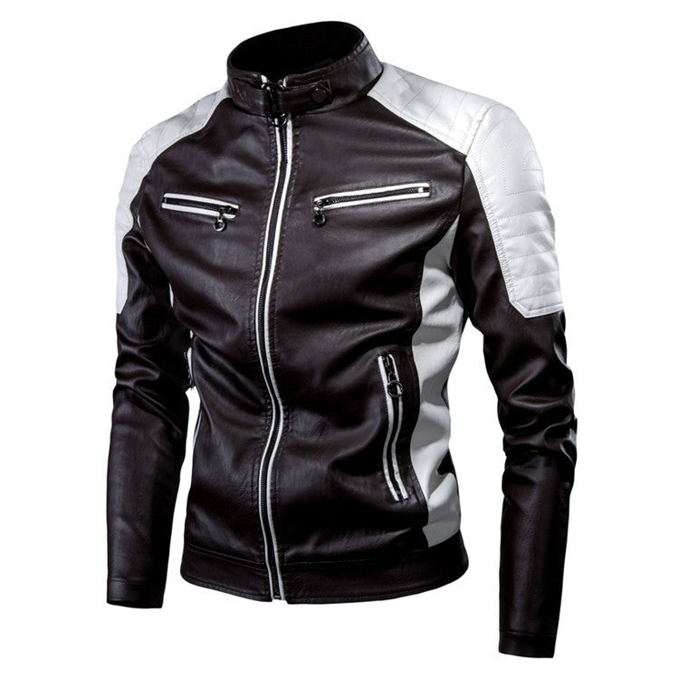 Herren Kunstleder-Bikerjacke im Racing-Stil mit gesteppter Schulterpartie und Stehkragen EB