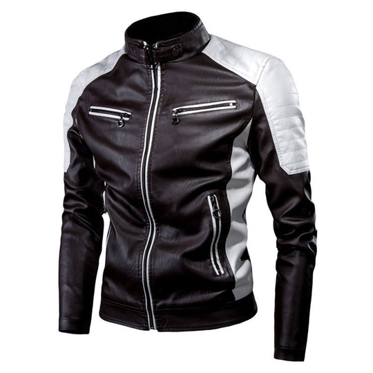 Herren Kunstleder-Bikerjacke im Racing-Stil mit gesteppter Schulterpartie und Stehkragen EB