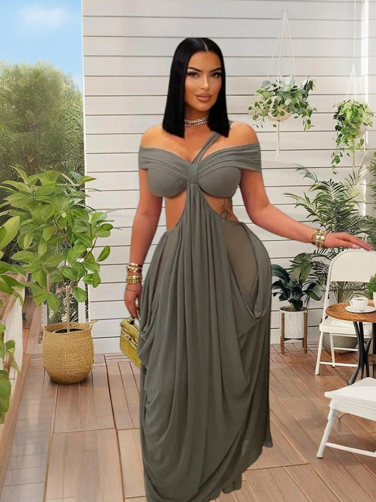 Damen Elegantes Maxikleid mit asymmetrischem Schnitt und schulterfreiem Design EB