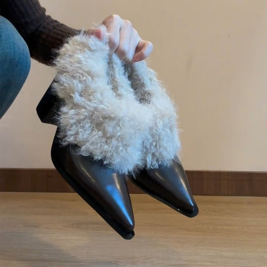 Damen hochwertige Slipper mit luxuriösem Fellrand und spitzer Zehenpartie EB