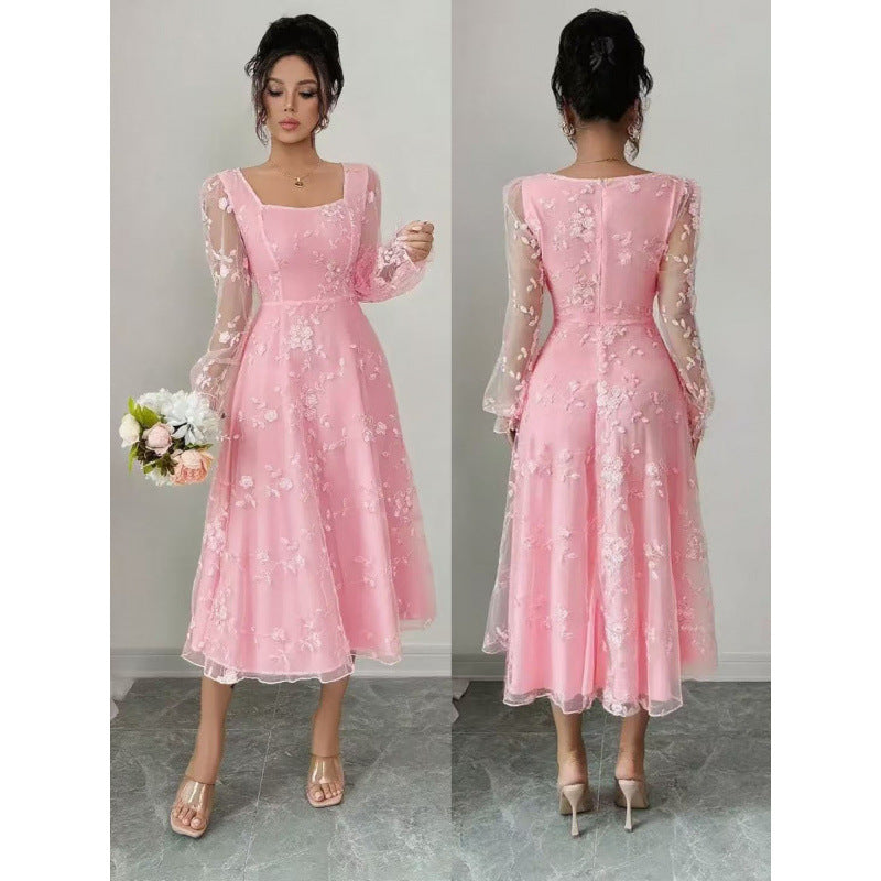 Damen Midi-Kleid mit floralen Spitzenärmeln und schwingendem Saum EB
