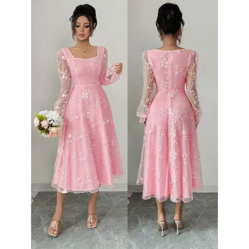 Damen Midi-Kleid mit floralen Spitzenärmeln und schwingendem Saum EB