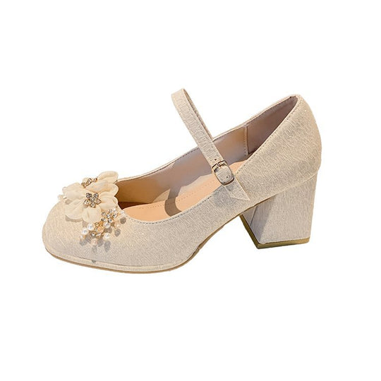 Damen elegante Mary Jane Pumps mit Blumendetails EB