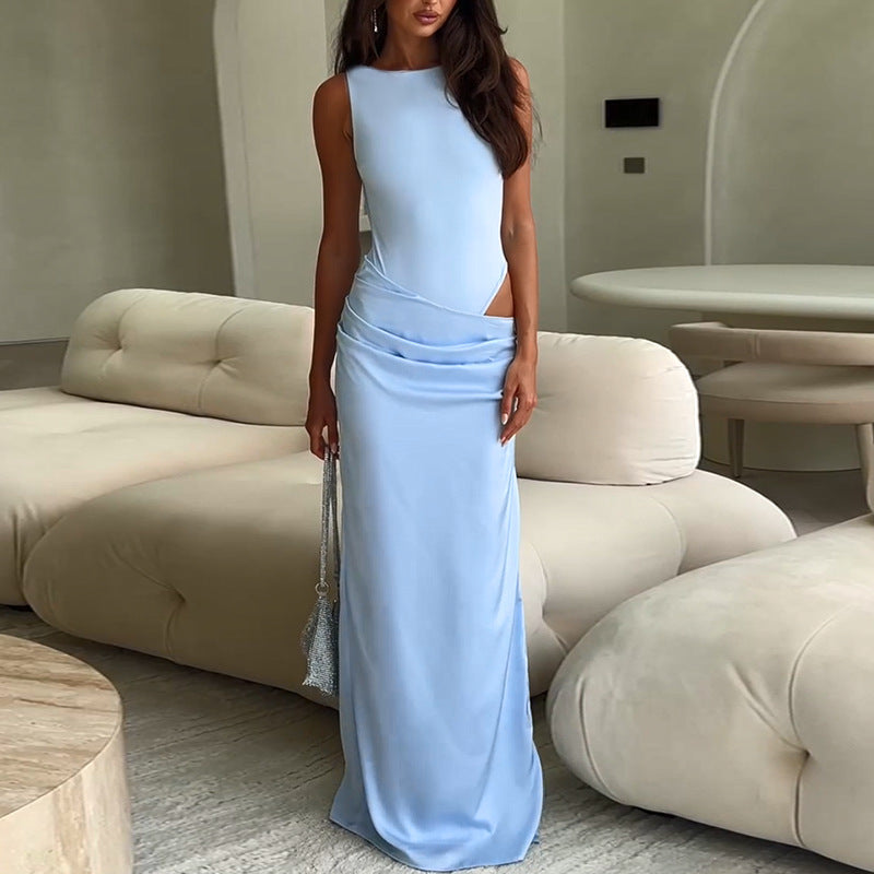 Damen elegantes Maxikleid mit asymmetrischem Design und raffiniertem Tailleneinsatz EB