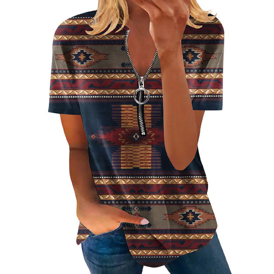 Damen modisches Kurzarm-Oberteil mit dekorativem Zipper und tribalisiertem Design EB