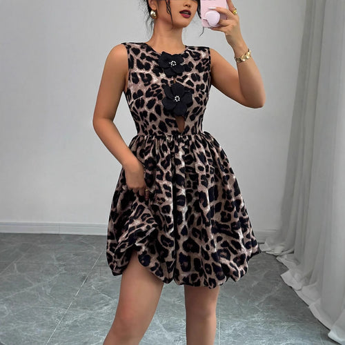 Damen nan kurzes Partykleid mit Leopardenmuster, floralen Applikationen und tailliertem Ballonrock EB