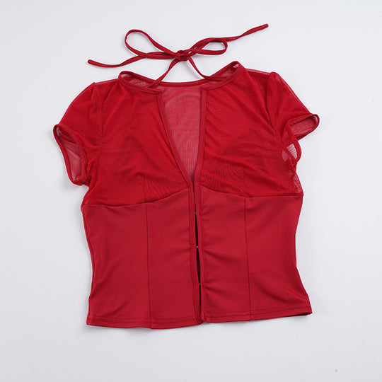 Damen Mesh-Oberteil mit dekorativem Bindeband EB