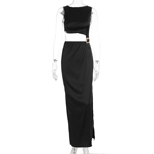 Damen Maxi-Kleid mit asymmetrischem Oberteil und stilvollem Gürtel EB