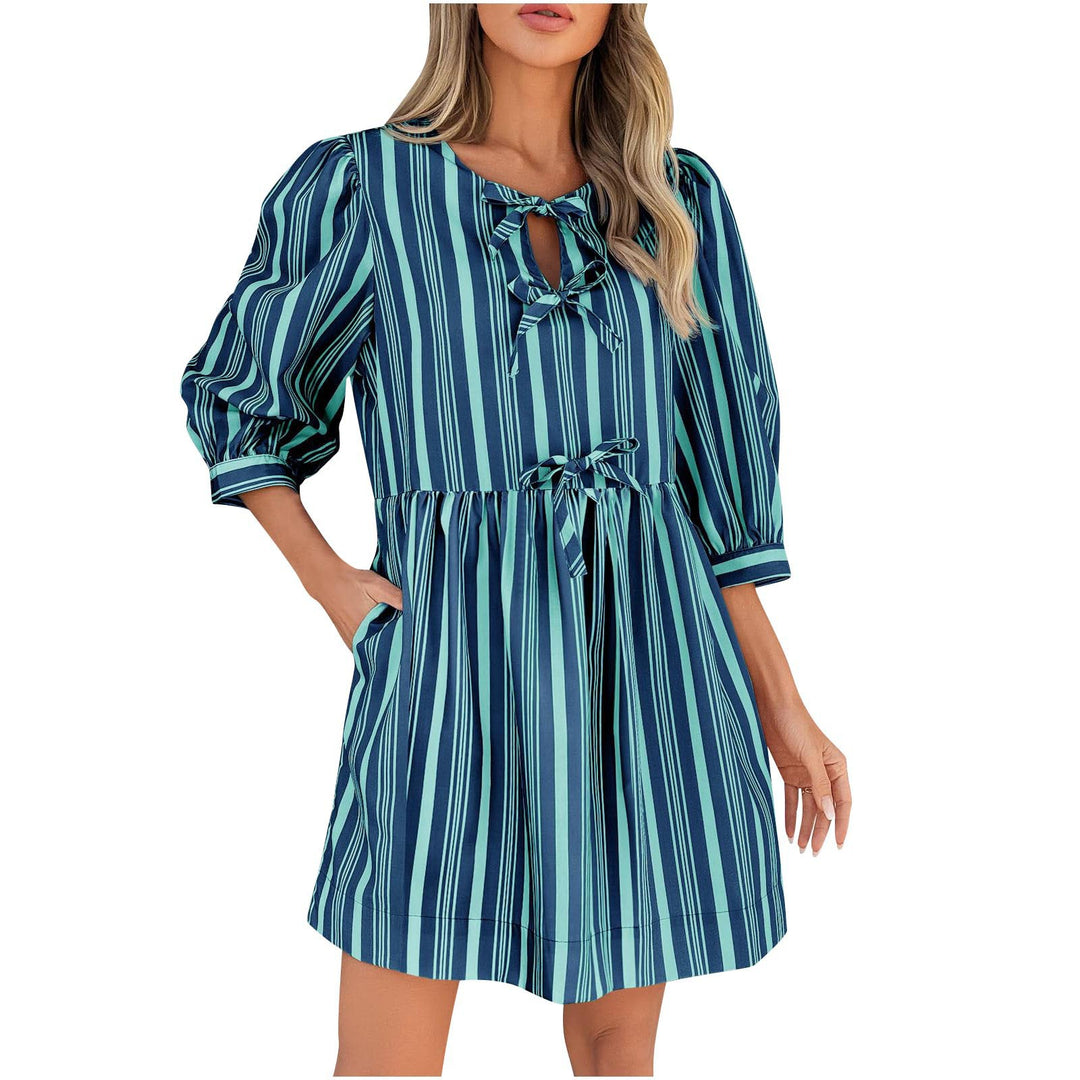 Damen lässiges gestreiftes Sommerkleid mit taillierter Silhouette EB