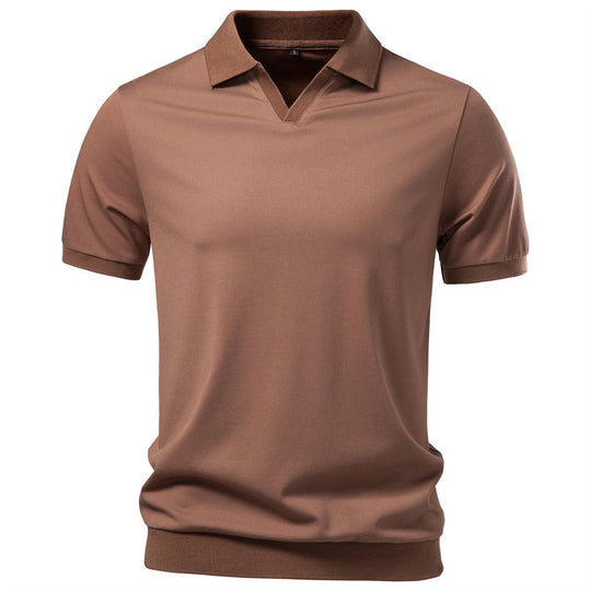 Herren nan feinstrickiges Kurzarm-Poloshirt mit offenem V-Kragen und elastischem Saum EB