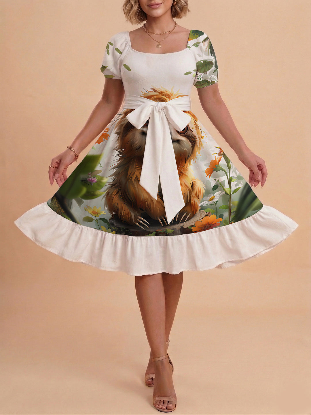 Damen Sommerliches Blumenkleid mit taillierbarem Gürtel und voluminösen Ärmeln EB