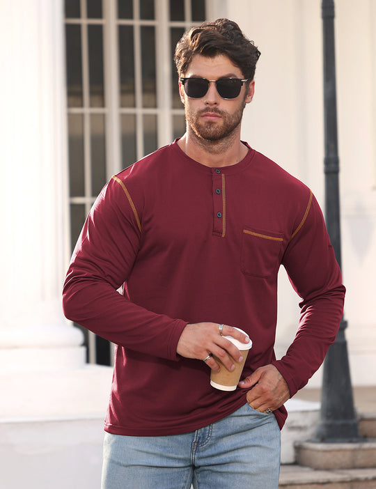 Herren nan Langarmshirt mit kurzer Knopfleiste Brusttasche und kontrastierenden Ziernähten EB