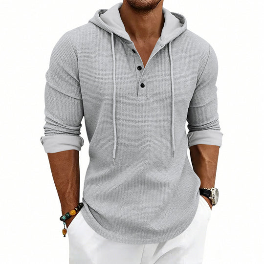 Herren nan lässiges Waffelstrick-Henley Kapuzenpullover mit Knopfleiste EB