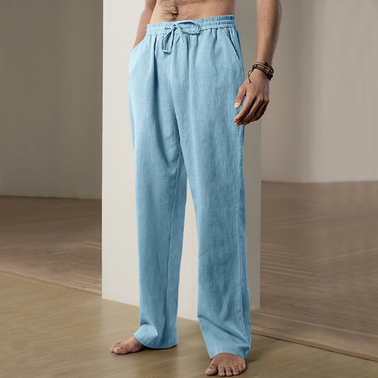 Herren nan weiche Leinen-Baumwoll Loungehose mit elastischem Tunnelzugbund, Seitentaschen und entspanntem geradem Bein EB