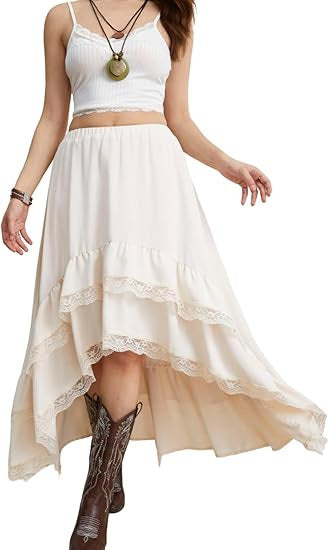 Damen Boho Maxi-Rock mit asymmetrischem Saum und Spitzenverzierungen EB