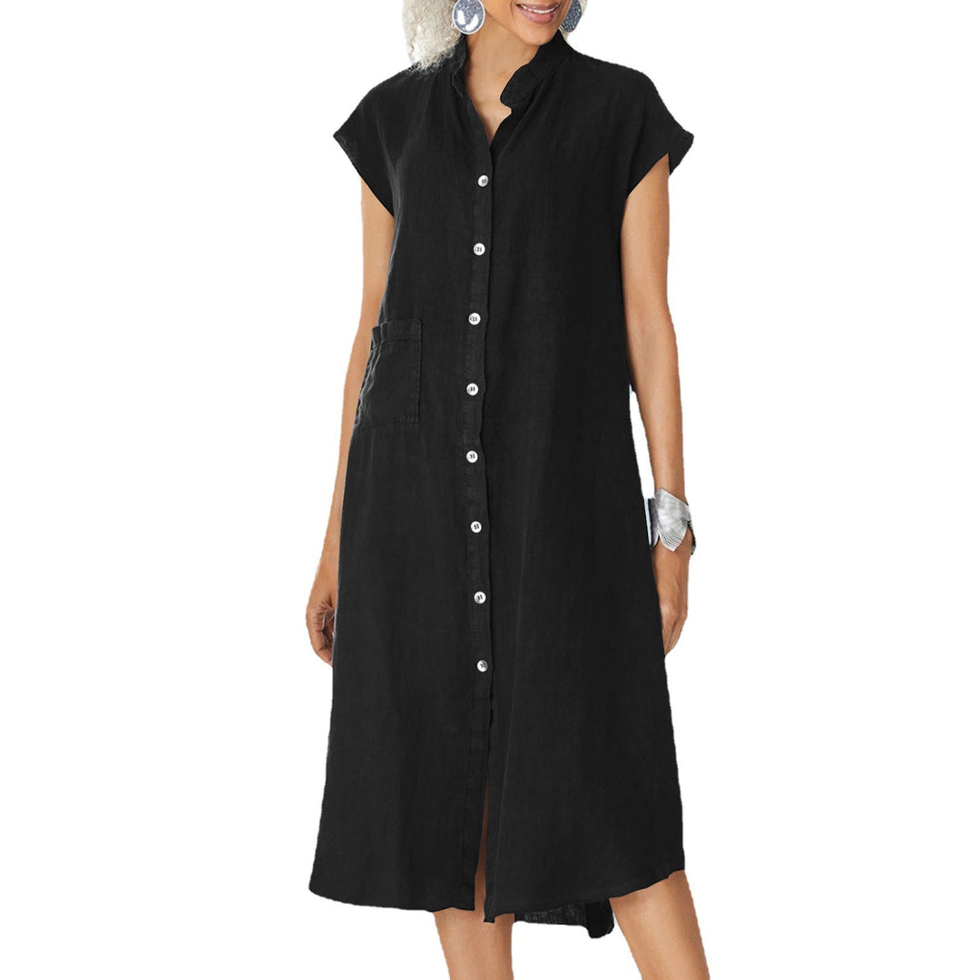 Damen lässiges Midi-Hemdkleid aus Leinen mit Knopfleiste und seitlichen Taschen EB