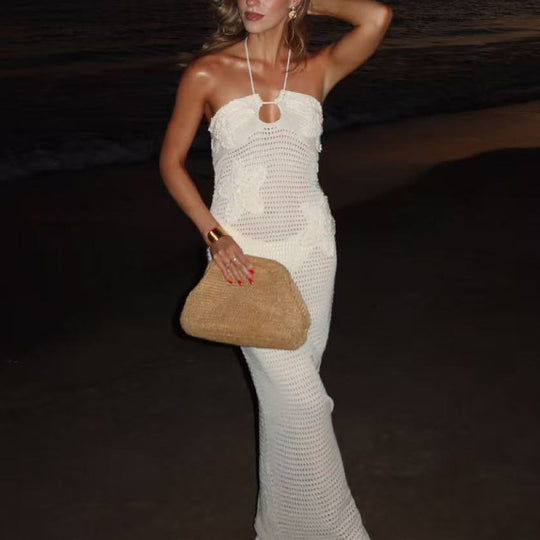 Damen Häkel-Maxikleid mit tiefem Keyhole-Ausschnitt und elegantem Design EB
