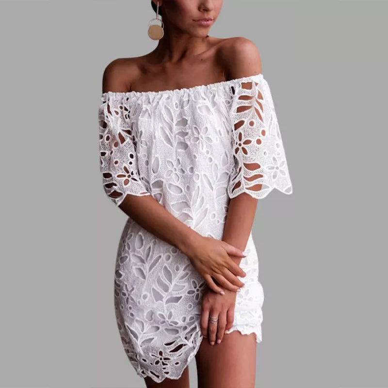 Damen Off-Shoulder Kleid mit floralen Cut-Outs und luftigen Ärmeln EB
