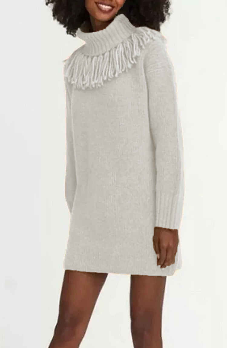 Damen Strickkleid mit hohem Rollkragen und modischen Fransen EB