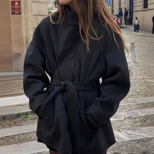 Damen Modische Wolljacke mit taillierbarem Gürtel und steigendem Kragen EB