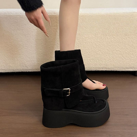 Damen Plateau-Stiefel mit geschwungenem Riemendesign EB