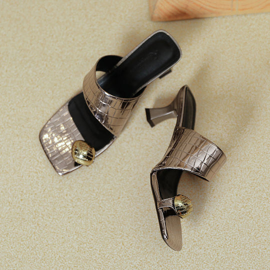 Damen Elegante Slides mit modischem Schlangenleder-Design und dekorativem Schmuck EB