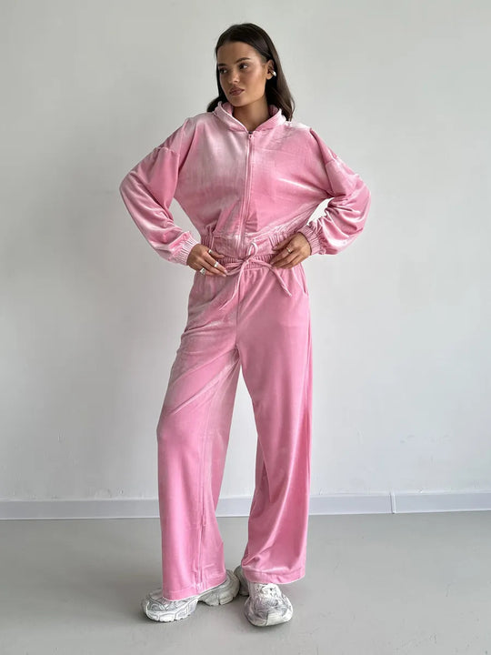 Damen weiches Velours-Lounge-Set mit kurzer Reißverschluss-Kapuzenjacke und weiter High-Waist-Hose EB