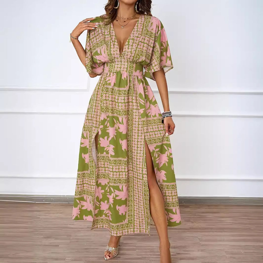 Damen Maxikleid im Boho-Stil mit tiefem V-Ausschnitt und seitlichem Schlitz EB