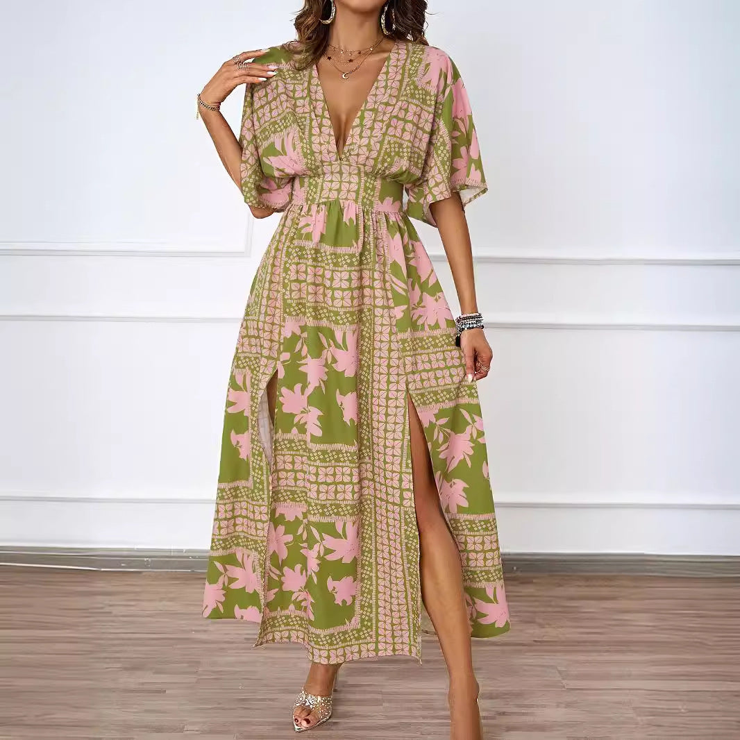 Damen Maxikleid im Boho-Stil mit tiefem V-Ausschnitt und seitlichem Schlitz EB