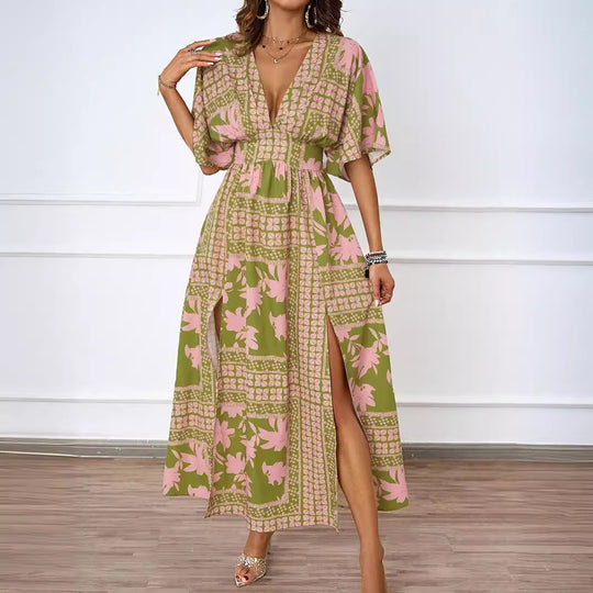Damen Maxikleid im Boho-Stil mit tiefem V-Ausschnitt und seitlichem Schlitz EB