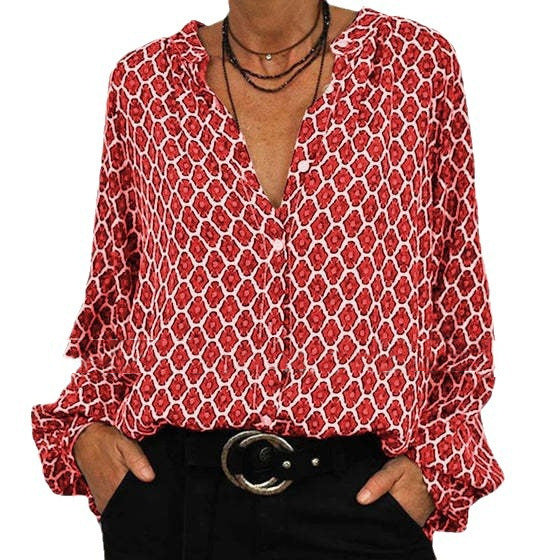 Damen Bluse mit ausgefallenem Druck und bequemen langen Ärmeln EB