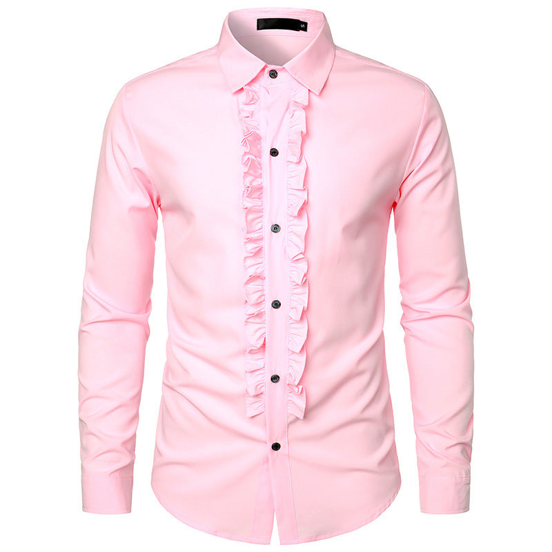 Herren Langarmhemd mit Rüschenverzierung und eleganten Knopfdetails EB