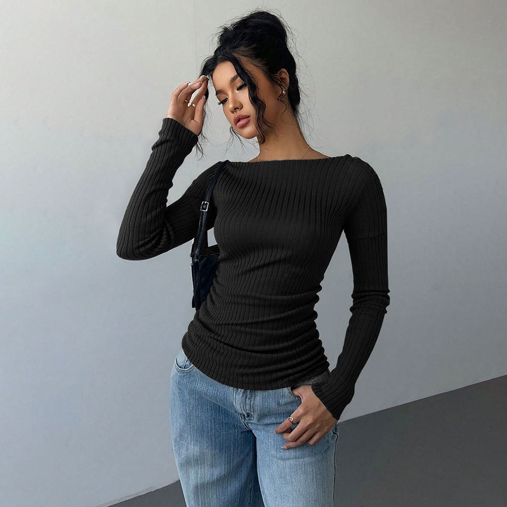 Damen schulterfreies geripptes Langarmshirt mit taillierter Raffung und figurbetontem Stretch Eichborn Berlin