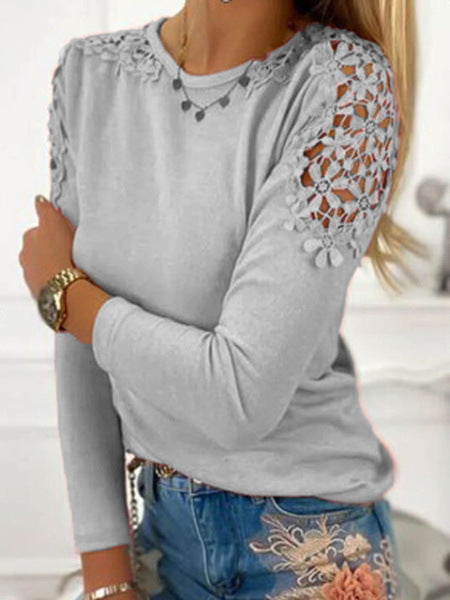 Damen nan langärmeliges Feinstrickshirt mit Häkelspitzen-Schultereinsätzen und Rundhalsausschnitt EB