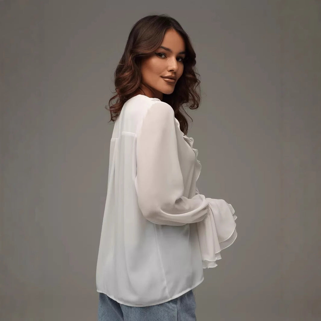 Damen leichtes Chiffon-Blusenshirt mit Rüschen und Kordelzug EB