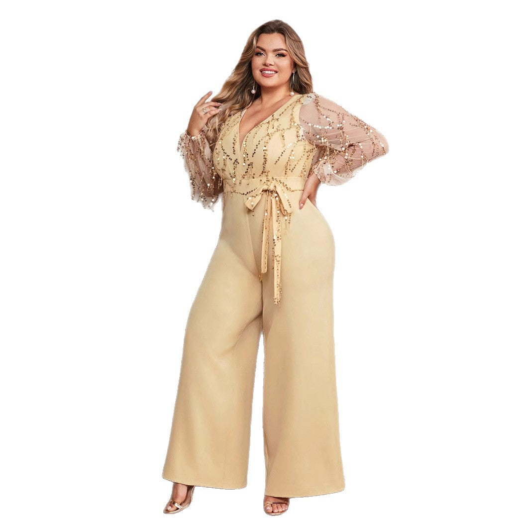 Damen Jumpsuit mit funkelnden Verzierungen und transparenten Ärmeln EB