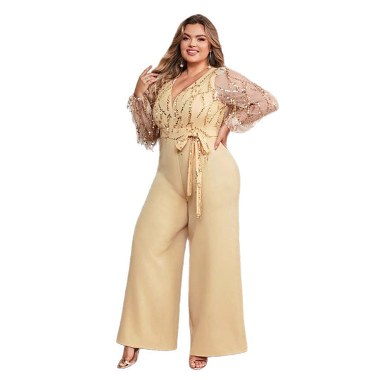 Damen Jumpsuit mit funkelnden Verzierungen und transparenten Ärmeln EB