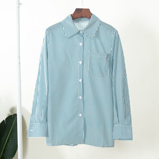 Damen Elegante, gestreifte Bluse mit klassischem Kragen und Taschen EB