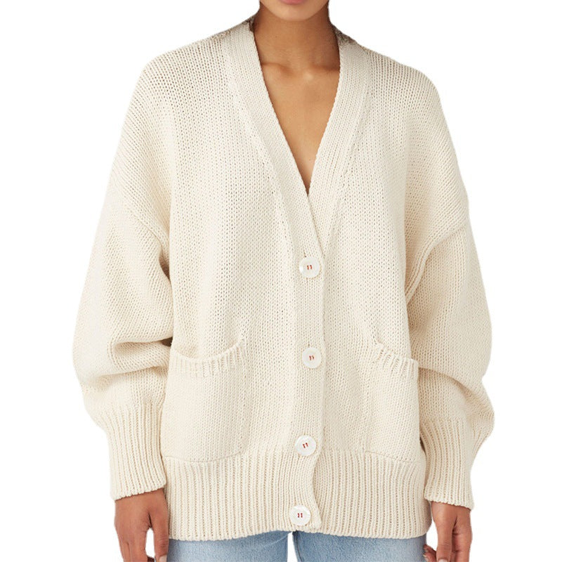 Damen Oversized Strickjacke mit Taschen und V-Ausschnitt EB